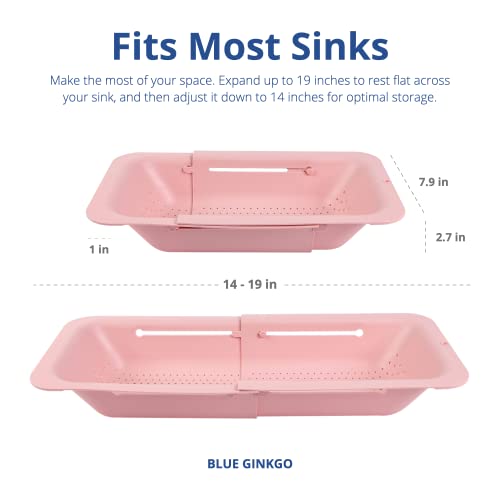Blue Ginkgo Over The Sink Colander Strainer Basket - Wash Vegetables And Fruits, Drain Cooked Pasta And Dry Dishes - Extendable - New Home Kitchen Essentials (7.9 W X 14.5-19.5 L X 2.75 H) (Pink) #TOP4