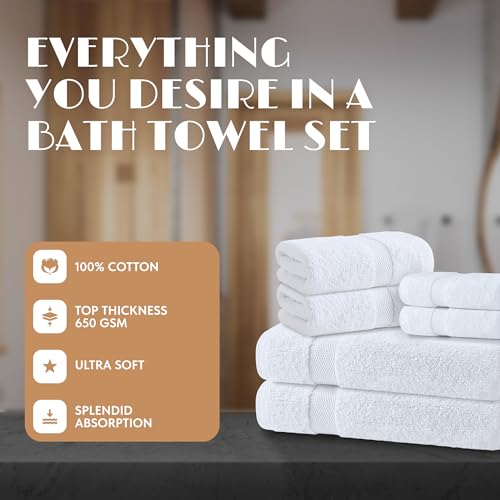 White Bath Towel Set of 6 - 100% Cotton Highly Absorbent Towels for Bathroom, 2 Luxury Bath Towels 650GSM, 2 Hand Towels, 2 Washcloths - Image 3
