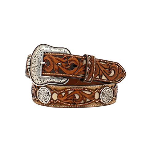 ARIAT Men's Belt Calf Hair Tooled Tabs Round Conchos, Size 32, Brown