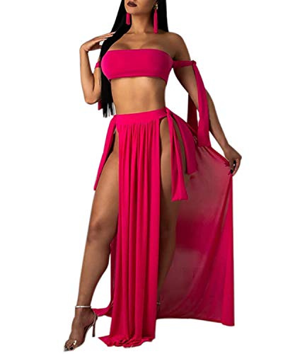 BIUBIU Dresses for Party Sexy, Bathing Suit with Split Maxi Skirt Set Summer 3 Piece Dress Outfits for Beach Rose red L