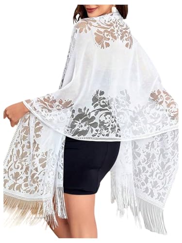 GORGLITTER Women's Floral Lace Sheer Shawl Poncho Lightweight Scarf Fringe Hem Wraps for Evening Dress