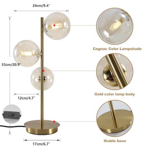 Image of Gold Globe Bedside Lamp, 3 Lights Mid Century Modern Table Lamp, Contemporary Cognac Glass Globe Readin Lamp for Bedroom Living Room Study Room