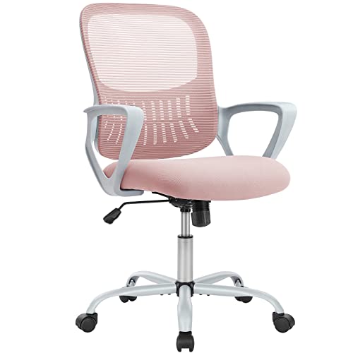 DUMOS Home Office Chair, Mid Back Computer Ergonomic Mesh Desk with Large Seat, Executive Height Adjustable Swivel Task with Lumbar Support and Armrest, for Adults, Pink