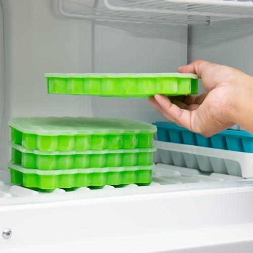 Image of Solitude 2 Pcs Flexible Silicone Ice Cube Trays for Freezer | Stackable, Soft Easy-Release Honeycomb Shape 74 Cavities Small Cubes Tray with Lid for Bar Whiskey Cocktail Fridge (Green)