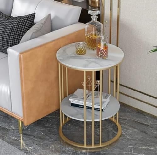 Image of Round Industrial Coffee Table | 2 Tier Rustic MDF Wood Faux Marble Top | Black Metal Frame | Storage Shelf Vintage Centre Furniture for Living Room Bedroom Lounge Office Apartment Home Decor