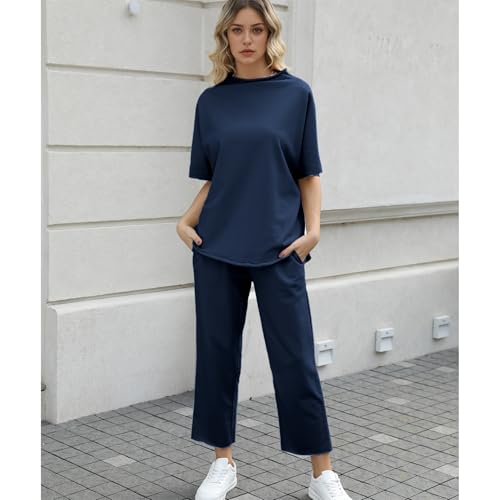 Image of SeeLuNa Women's Two Piece Outfits 3 /4 Batwing Sleeve Capelet Crew Neck Pullover Top Wide Leg Pants Lounge Set