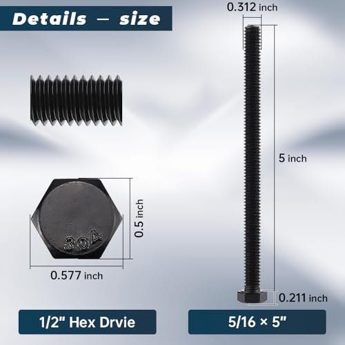 Image of Glvaner 5 /16-18 x 5 inch Stainless Steel Hex Head Screws Bolts, Black Coated, 304 Stainless Steel 18-8, Hexagon Head Bolts, Full Thread, 8 pcs