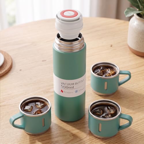 Set de 4 piezas vaso de acero inoxidable, botella de 500ml con 3 vasos pequeños, verde
