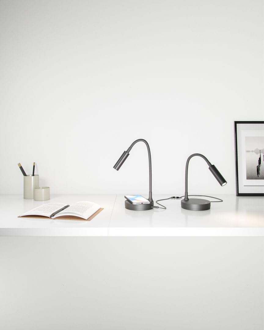 Beneito Faure Lampada da Tavolo Led Stem - 5W, Luce calda, Per scrivania, lettura e comodino, Ricarica Wireless, Testa Orientabile - Colore Nero