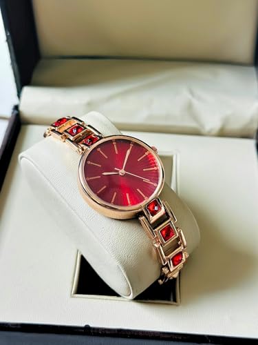 Image of AMERICANVIBER Red Diamond-Studded Women's Analog Watch with Adjustable Strap, Stylish Round Dial Wrist Watch for Girls & Ladies, Suitable for Casual, Office, and Formal Use