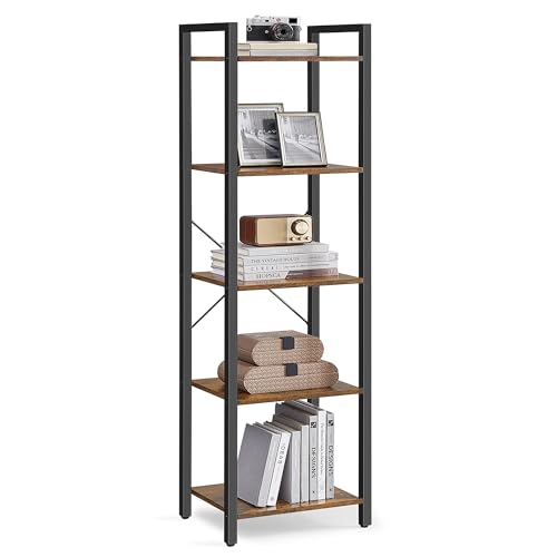 VASAGLE 5-Tier Bookshelf, Bookcase with Steel Frame, Book Shelf for Living Room, Home Office, Study, 11.8 x 15.7 x 60.2 Inches, Industrial Style, Rustic Brown and Ink Black ULLS100B01 Rustic