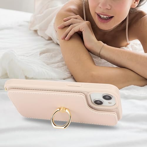Image of for iPhone 13 Case with Card Holder for Women,Crossbody Strap Lanyard,Credit Card Holder,Ring Stand,Snap Clasp,Wallet Case 6.1 inch (Beige)