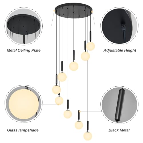 Image of 9-Lights Black Chandelier with Milk White Glass Mid Century Modern
