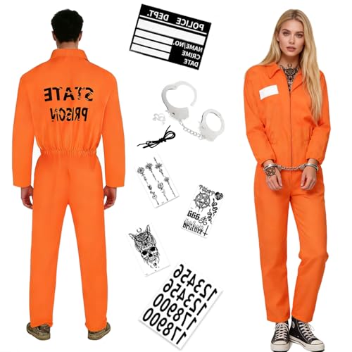 PASLFC Sträfling Kostüm Herren Damen Gefangener Kostüm Set Gefängnis Kostüms Verbrecher Overall Häftling Kostüm Erwachsene Prisoner Overall Kostüms Prisoner Costume mit Handschellen und Namensschild