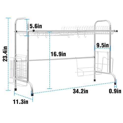 Over The Sink Dish Drying Rack, KINGSO 2 Tier Dish Drainer Stainless Steel Kitchen Sink Drying Rack w/Utensil Holder 8 Hooks for Kitchen Counter Organization Storage Space Saver (Sink Size≤32.5 inch)
