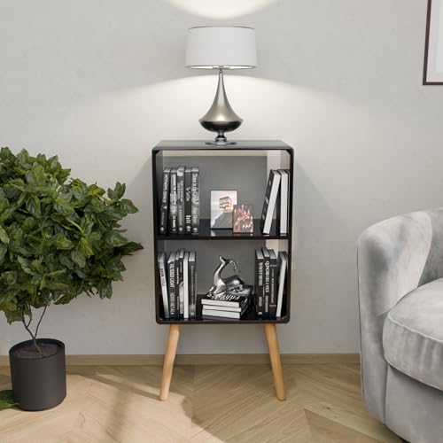 Image of 2 Tier Wooden Side Table Book Shelf for Home Library Book Stand Rack for Kids Self Organizer Storage for Living & Study Room (Black)