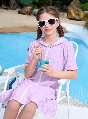 Image of BesserBay Girls Summer Beach Quick Dry Cover Up Ruffle Hem Terry Smocked Hooded 4-14 Years with Pockets