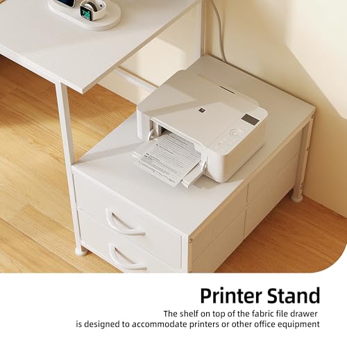 Image of 52 Inch Office Desk with 6 Drawers and Printer Space for Storage, Reversible Computer Desk with Monitor Stand & Power Outlets, Home Office Desks, White