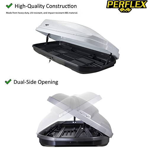 Image of Perflex Exclusive Rooftop Cargo Box Carrier Large 17.7 Cubic Feet Car Top Mount Travel Luggage Storage, Dual Side Opening, 130 Lbs Weight Capacity, Extra Keys, Straps (White)