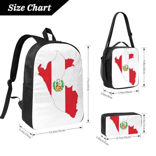 Peru Flag Map print Shoulder Bookbags Lunch Bag and Pen Case 17 inches Backpack with Lunch Box, Cute Bookbag Set4