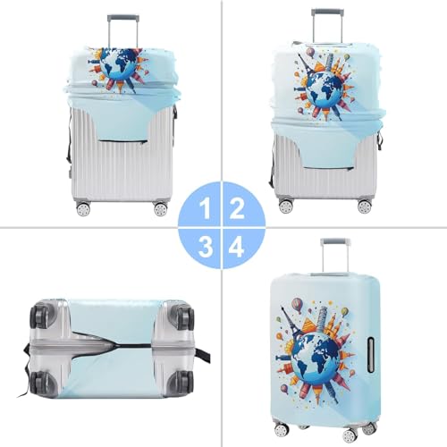 Image of World Travel Luggage Cover - Elastic Suitcase Protector with Iconic Landmarks and Hot Air Balloon Design, Stylish and Durable Wrap for 32''-34'' Travel Bags (Size XL)