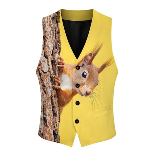Cute Red Squirrel Peeking From Tree Novelty Men's Suit Vest Funny Formal Dress Vests Business Waistcoat3