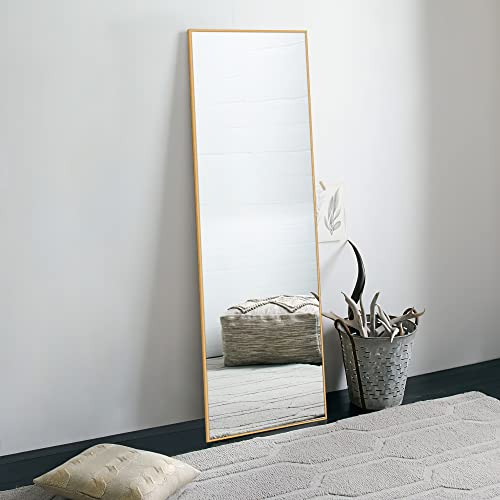 Image of NeuType 59 inchx16 inch Full Length Mirror with Standing Holder Aluminum Alloy Frame Floor Mirror Wall-Mounted Mirror for Living Room, Bedroom, Hanging or Leaning Against Wall, Golden (with Stand)