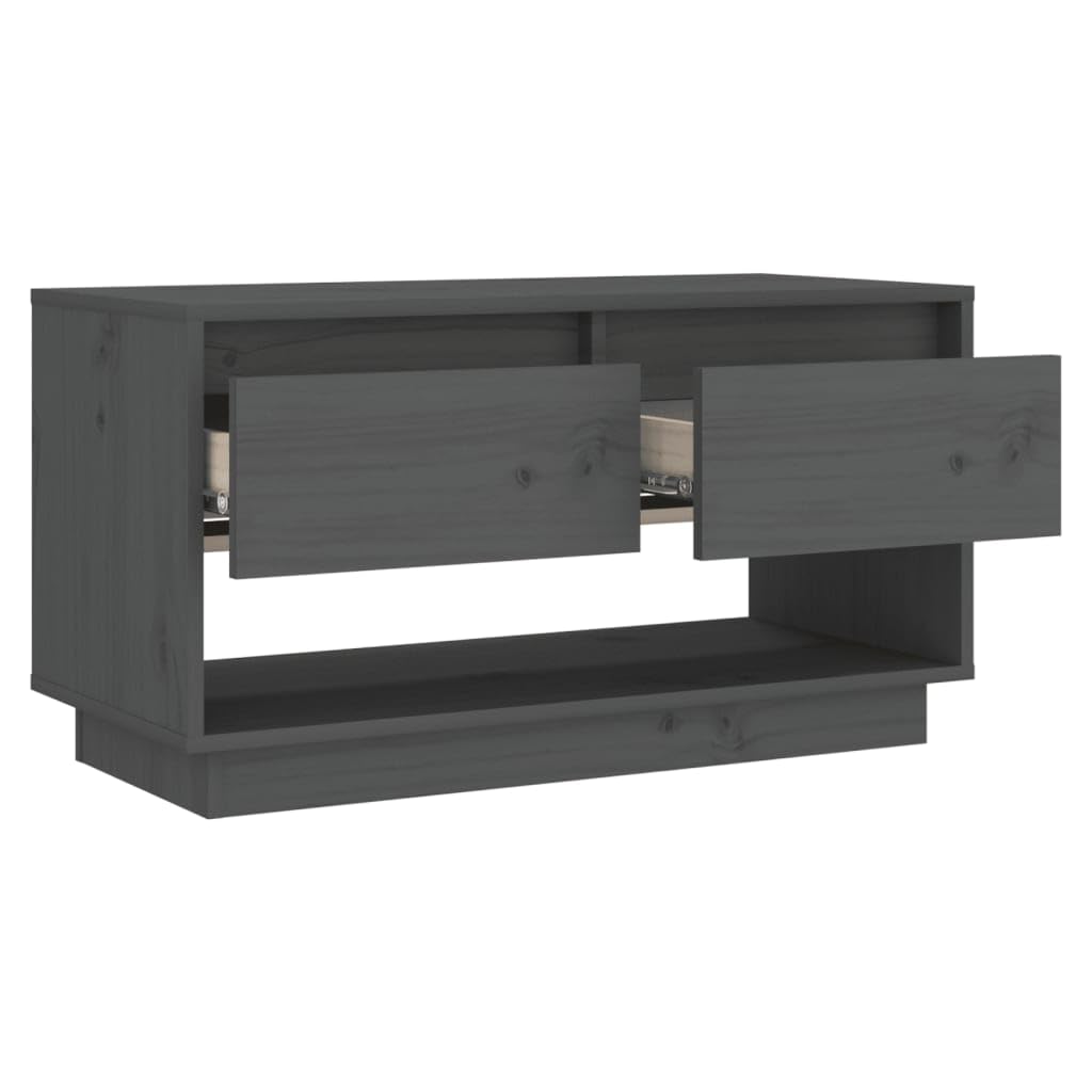 TV-Schrank Grau aus Massivholz Kiefer 74x34x40 cm mit 2 Schubladen, Modernes Media Center für Wohnzimmer, Schlafzimmer und Flur, Robuste TV-Konsole