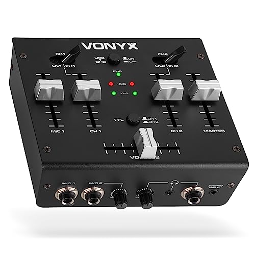 Vonyx VDJ2USB Mezclador 3 canales DJ/USB con interface de audio, 2 entradas de micrófono, salida de...