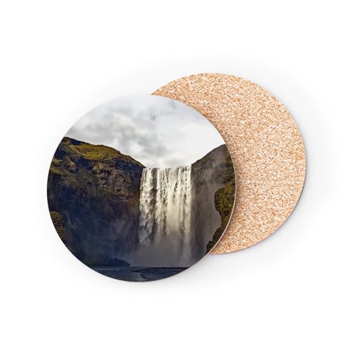 sous Verre Ronds Base Liège- Skógafoss Cascade d'Islande Paysage Nature Voyage - 1 unité (95 x 95 mm)