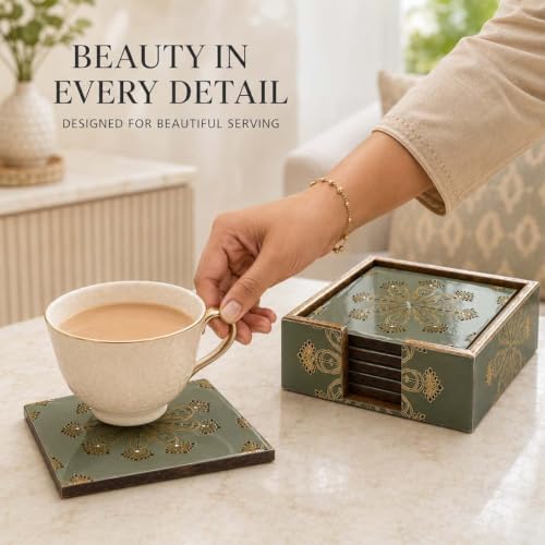 Image of The Earth Store Premium Emerald Heritage Wooden Coaster Set of 6 with Matching Holder - Engineered Wood with Resin Art Wooden Coaster | Tea Coaster Set of 6 | Square Coaster Set for Dining Table