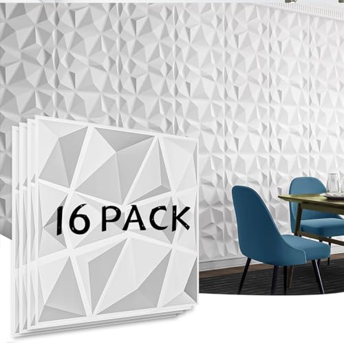 EOGILY Decorative 3D Wall Panels in Diamond Design PVC 3D Wall Panel Diamond 3D Textured Wall Panels for Interior Wall Decor Matt White (16 Pack) (White-30 * 30cm)