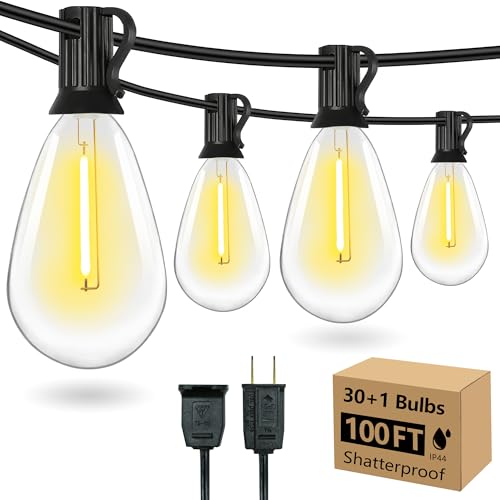 100FT Outdoor String Lights for Outside Patio Lights with 30+1 Shatterproof S14 E12 LED Bulb, 2700K Outside Hanging Light Waterproof for Parties Porch Garden Fences Backyard Balcony Pathways
