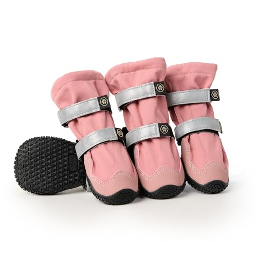Spark Paws Dog Rainboots, Waterproof Dog Shoes for Medium to Large Dogs, Non Slip, Dog Booties and Paw Protectors - 4PCS Doggie Hiking Boots with Reflective Straps - Pink, Size 6