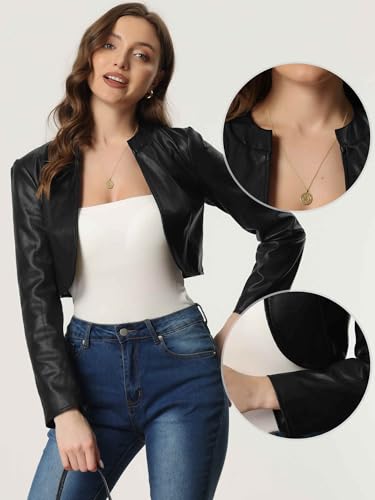 Allegra K Faux Leather Jacket for Women's Open Front Long Sleeve PU Cropped Leather Jacket Coat2