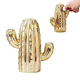 Piggy Bank for Adults, Ceramic Cactus Money Bank Girls, Cute Decoration Coin Bank, Christmas Birthday Gifts for Boys Girls, Home Decor for Living Room Bedroom (Gold)