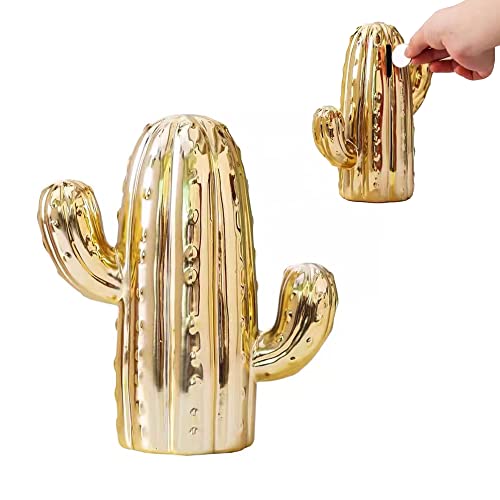Piggy Bank for Adults, Ceramic Cactus Money Bank Girls, Cute Decoration Coin Bank, Christmas Birthday Gifts for Boys Girls, Home Decor for Living Room Bedroom (Gold)