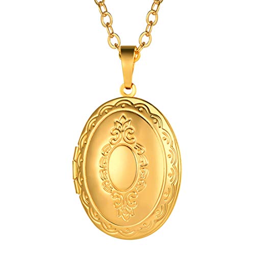 Oval Locket Pendant Necklace 18K Gold Plated Memorial Photo Lockets Charm Valentines Gift Jewelry for Women/Girls