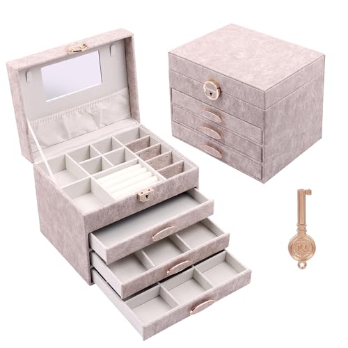 Image of BucketList Luxury PU Leather Jewellery Organizer Box with Mirror & Lock | 3 Drawer Jewelry Storage Case with Ring Rolls & Compartments (4 Drawers Jewelry Box with Mirror (Grey))