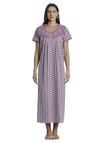 Image of 9shines Label Stylish Chikankari Cotton Nighty Maxi for Women | Full Length Nightgown | Nightdress with Pocket | Embroidery Nighty | Soft Comfortable Cotton Nightwear (1545)