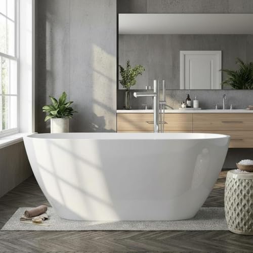 59'' Acrylic Free Standing Soaking Tub, Double-Walled Insulated Freestanding Bathtub with Ergonomic...