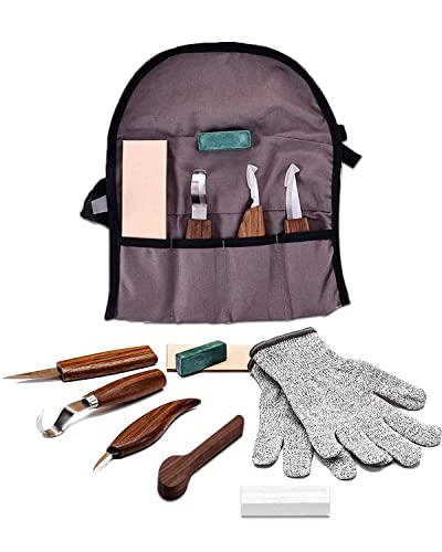 Maxesla Holz Schnitzwerkzeug Set, 10 in 1 Schnitzmesser Set mit 3*Messer, Holzlöffel, Schleifstein, Handschuhe, Lederriemen, Wetzstein, Schwamm, Aufbewahrungstasche, Holzschnitzwerkzeug für Anfänger