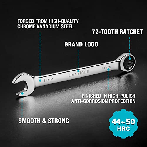 DURATECH 10-delige ratel-combinatiesleutelset, steeksleutelset met vaste kop en roltasje, metrisch, 6-18 mm, 12-punts, CR-V-staal - Afbeelding 5