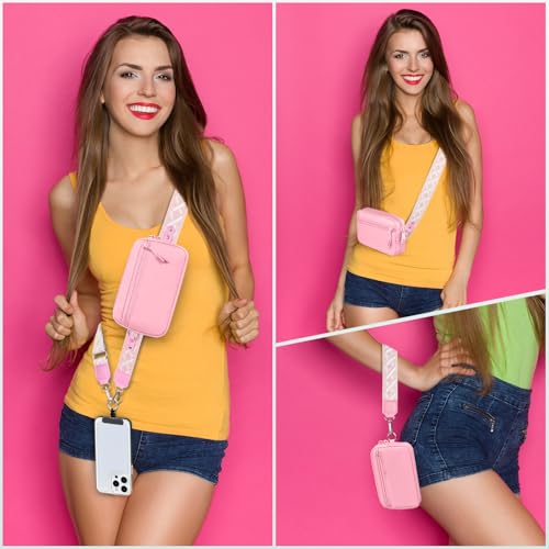 Image of YFWE Clip and Go Strap for Phone with Wallet Crossbody, Adjustable Phone Lanyard with Detachable RFID Wristlet Wallet, Pattern Strap - Pink(L)