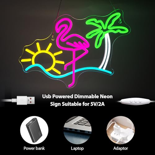 Image of Flamingo Sun Palm Tree Neon Signs for Wall Decor Funny Dimmable LED Neon Light Sign USB Powered for Home Bar Cart Summer Beach Restaurant Man Cave Decor Beer Cafe Bistro Club Party