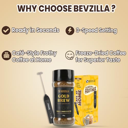 Image of Bevzilla Gold Brew Instant Freeze-Dried Coffee Powder 95g Jar with Rechargeable Frother | Best for Espresso, Cappuccino & Iced Coffee