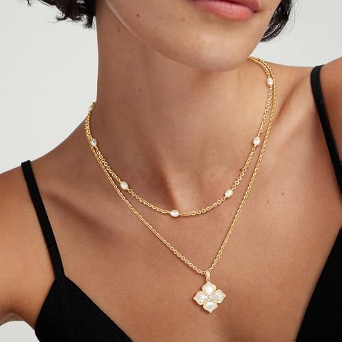 MEVECCO Gold Four Leaf Clover Necklace for Women 14K Gold Plated Clover Pendant Necklace Double Side With Diamond Vintage Filigree Flower Necklace Gift4