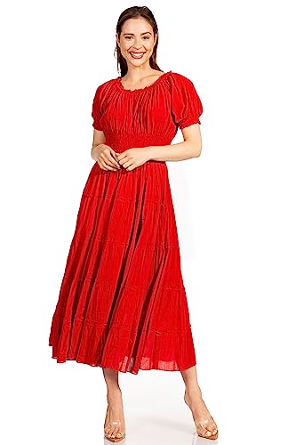Image of Sakkas Cotton Crepe Smocked Peasant Gypsy Boho Renaissance Mid Length Dress