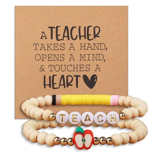 2 Pcs Teacher Apple Clay Beaded Card Bracelets for Women Jewelry