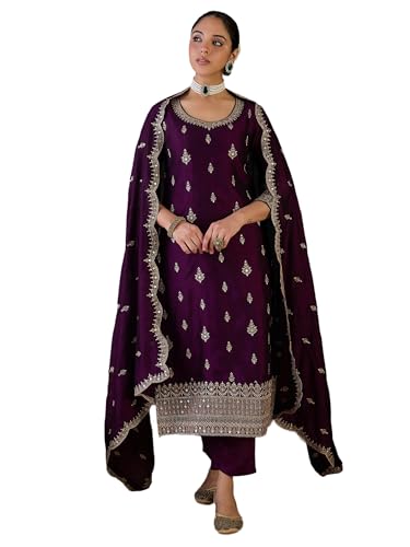 Image of INDO ERA Women's Straight Silk Blend Ethnic Motifs Embroidered Kurta & Pant with Dupatta Set (IESTR10550)